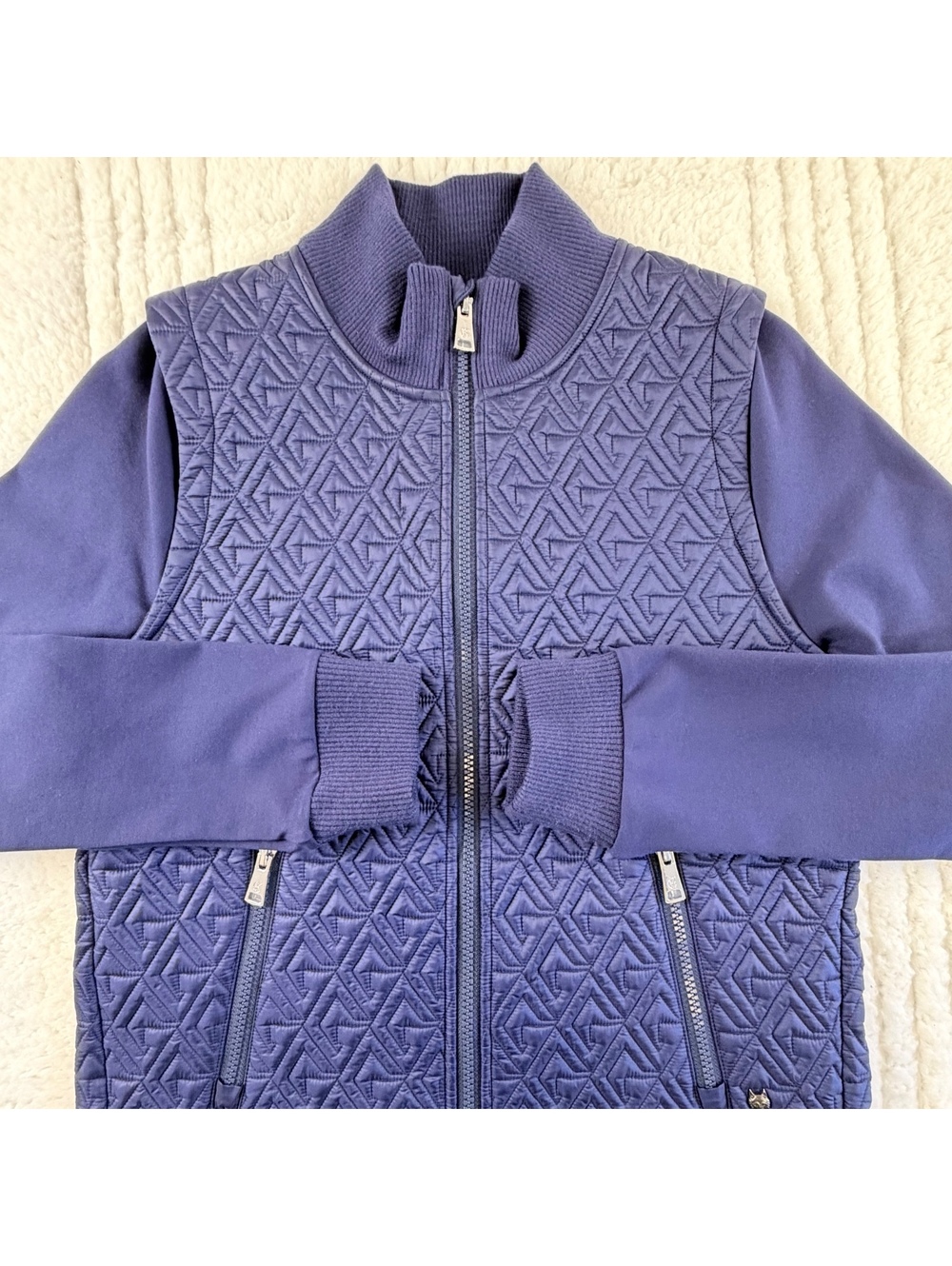 Greyson Womens XS Navy Blue Quilted Hybrid Full Zip Golf Jacket Wolf Logo